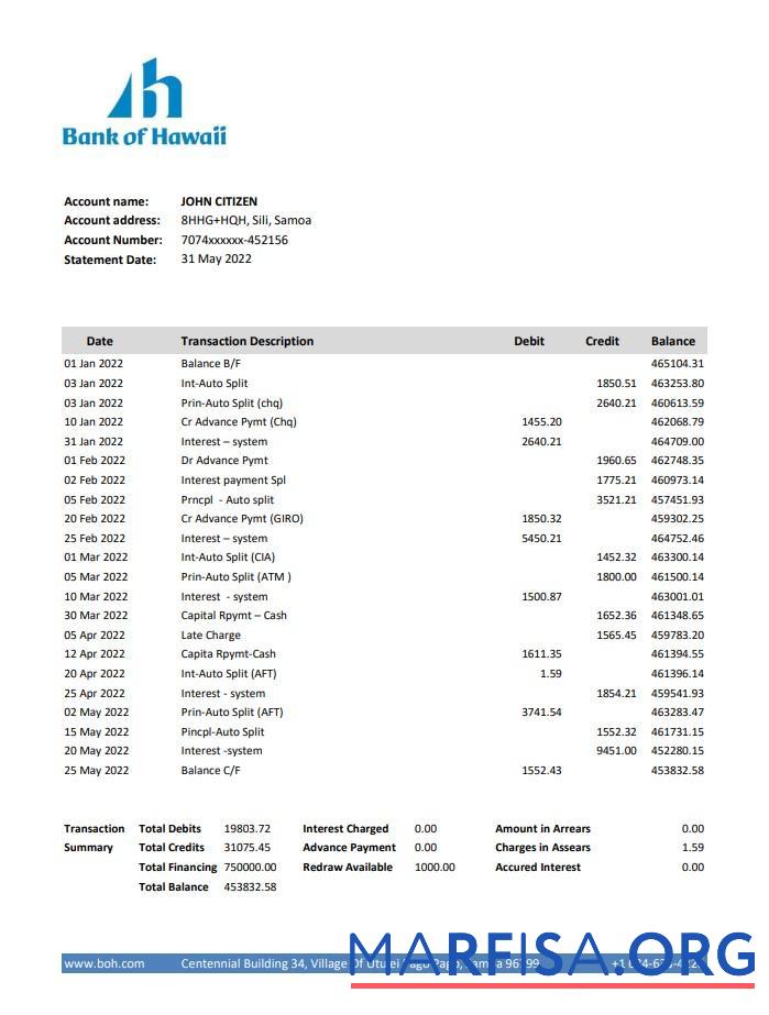 Realistic Samoa Bank of Hawaii bank statement excel download for verification